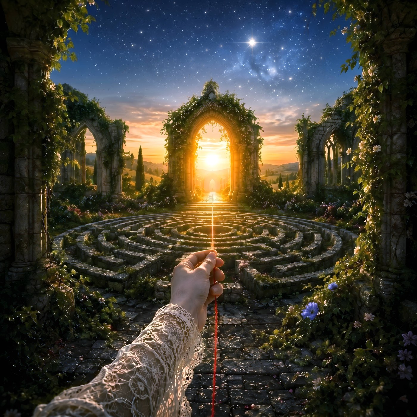 Diviina — Timelines album art: a hand holding a red thread leading into a labyrinth toward a glowing archway at sunset